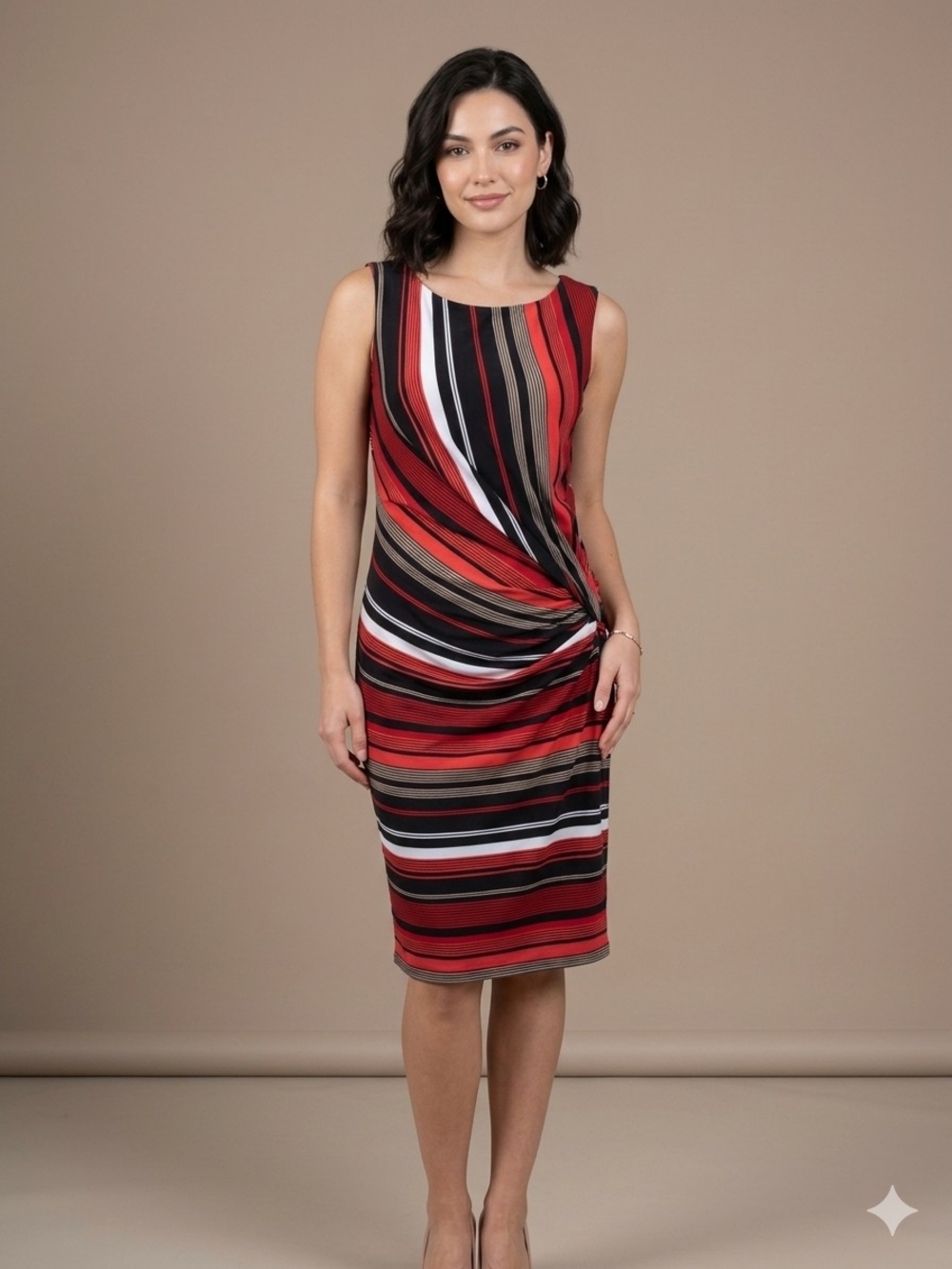 le chateau Red Orange and Black Striped Knot-Detail Midi Dress